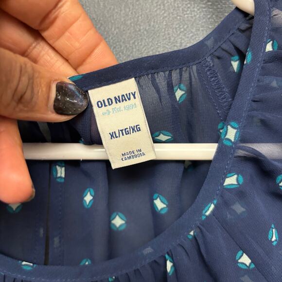 Old Navy Navy Sheer Printed Peasant Blouse XL Boho Cottagecore Geometric Top - Picture 3 of 10